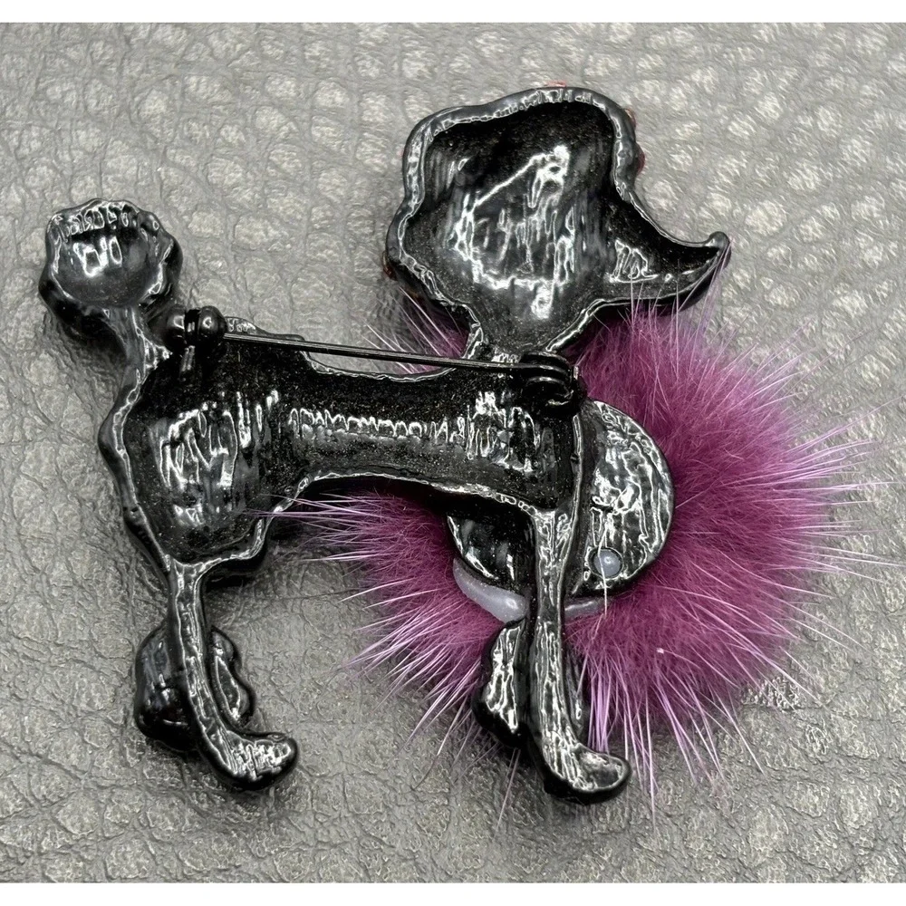 Rhinestone Poodle Dog Pom Pom Brooch Pin Pink Yellow Black Japanned Metal
